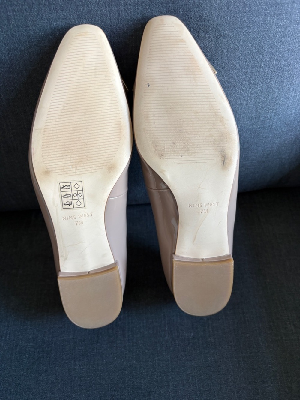Nine West Beige Patent Leather Low Heel Flats with Gold Geometric Accent - Picture 7 of 8